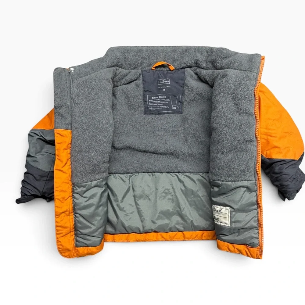 LL Bean Toddler 2T Winter Jacket Orange Grey Colorblock Fleece Lined Grow Cuffs